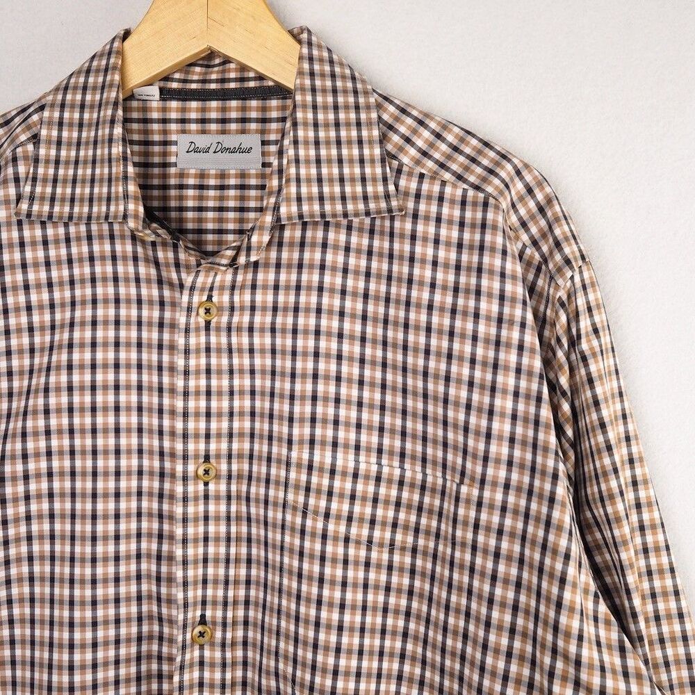 David Donahue Black Tan Plaid Button Down Shirt Mens L Check Classic Fit